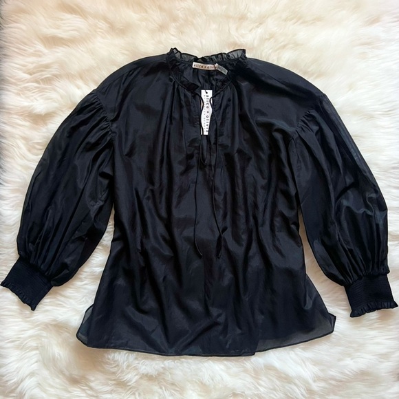 New! ALICE + OLIVIA Julius Voluminous Oversized Silk Blend Peasant Blouse - Picture 9 of 14